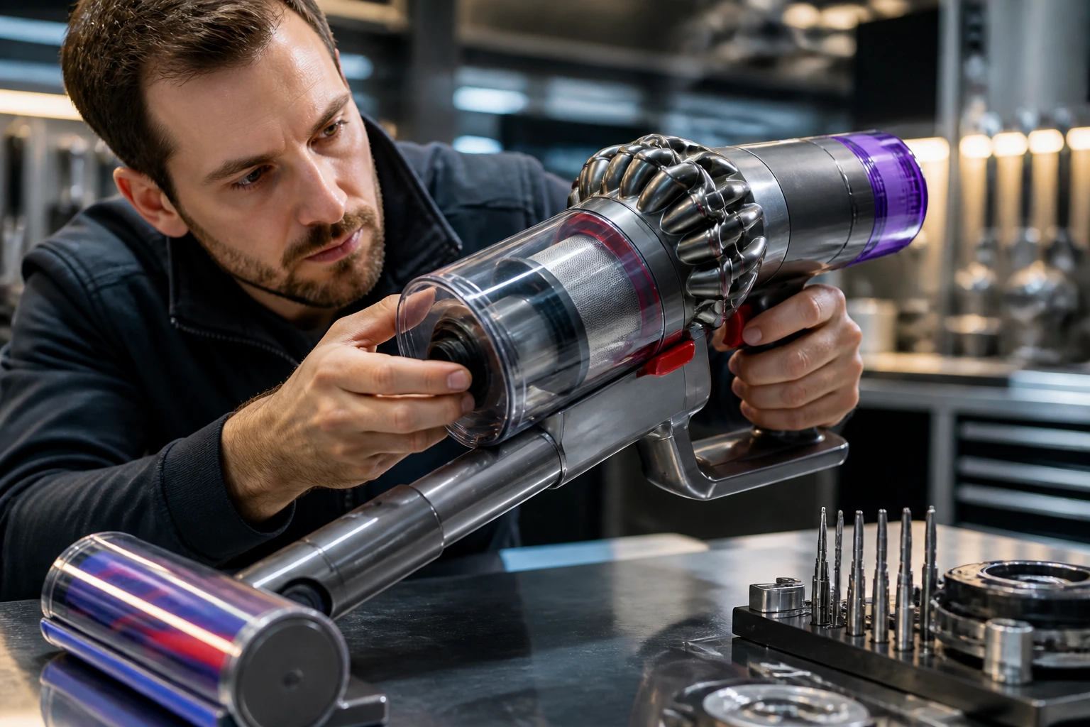 Close-up of an engineer examining a vacuum prototype in a lab