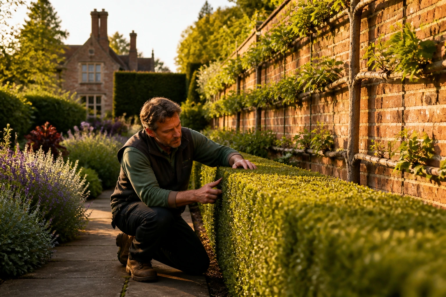 Head gardener inspecting hedges in a private estate garden