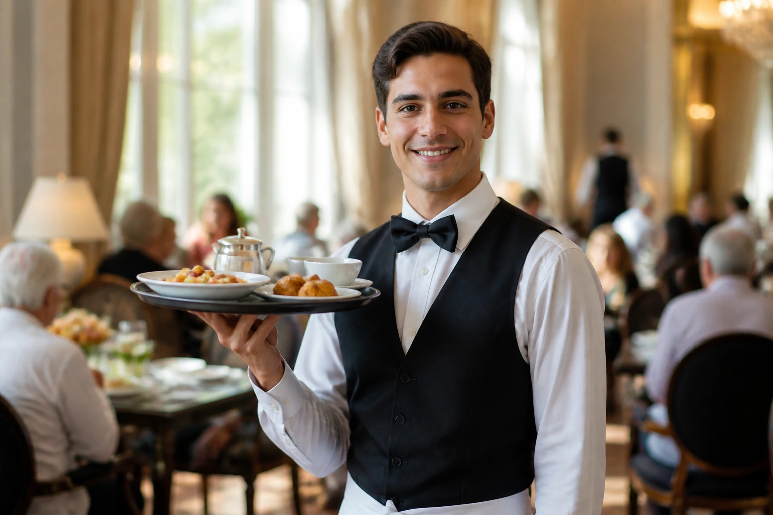 Close-up of a front-of-house waiter in uniform carrying a tray in a restaurant