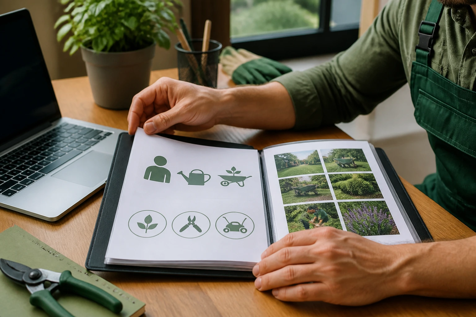 Close-up of hands organizing a clean portfolio for gardener visa sponsorship applications