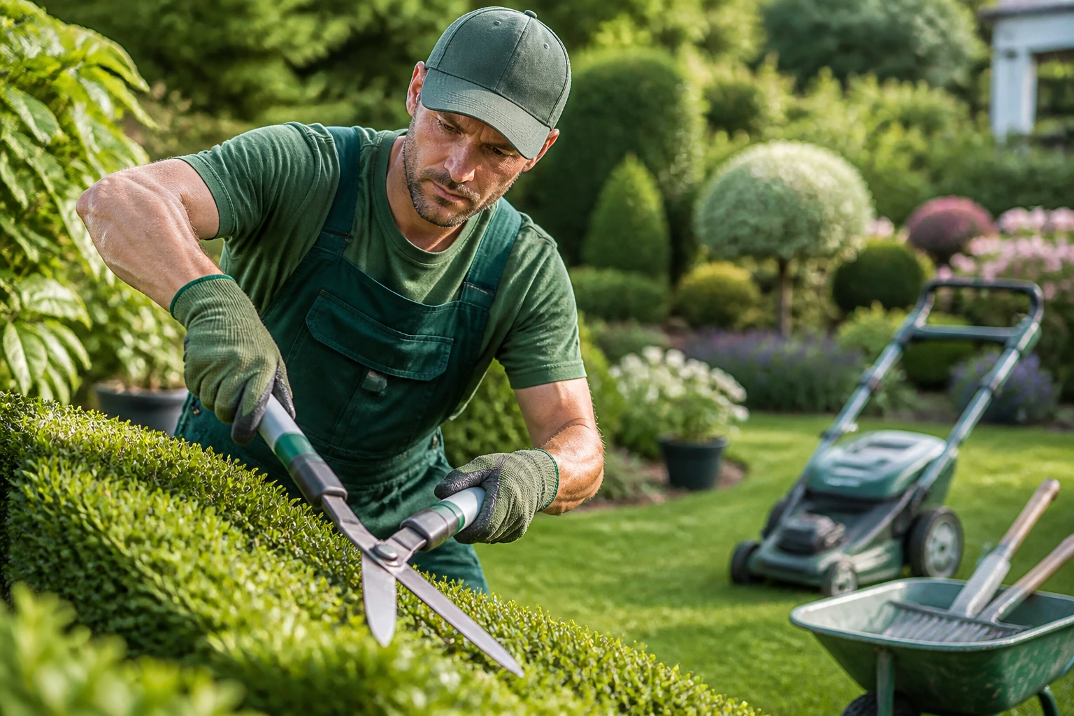Close-up of a real gardener at work, demonstrating pruning and hedge trimming as practical tasks