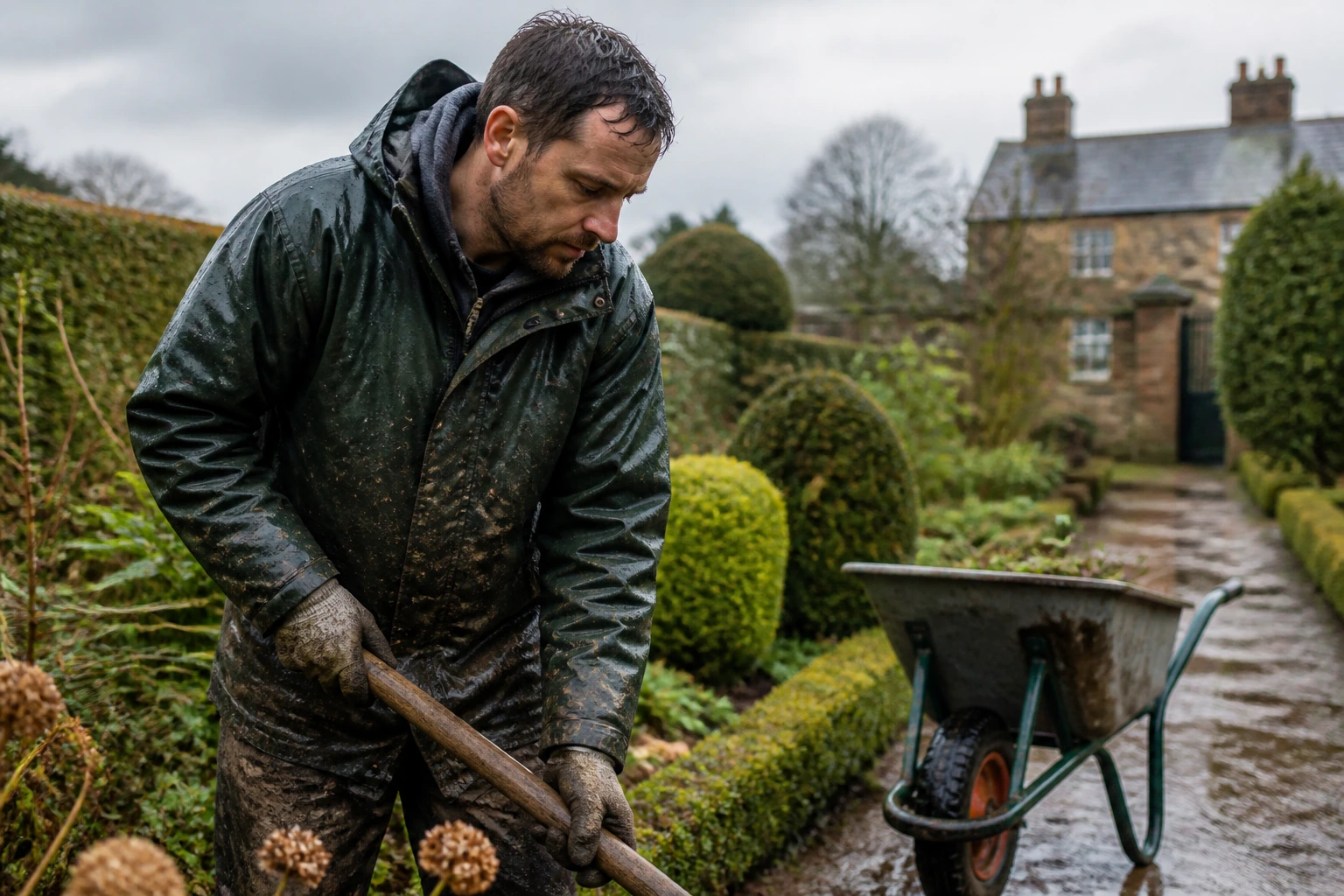 Real gardener in muddy boots in a rainy UK garden