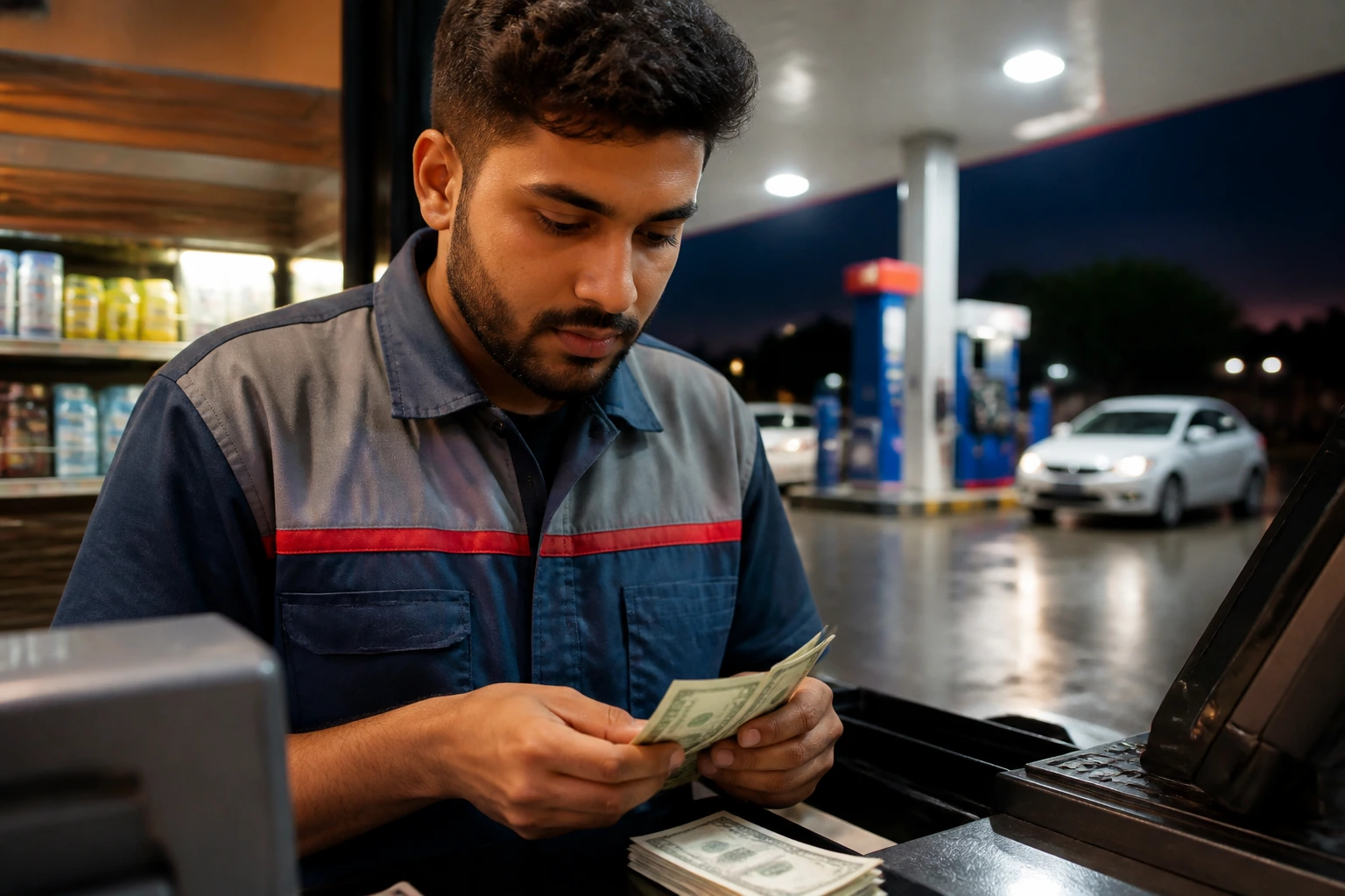 Close-up of a gas station attendant counting cash at the counter
