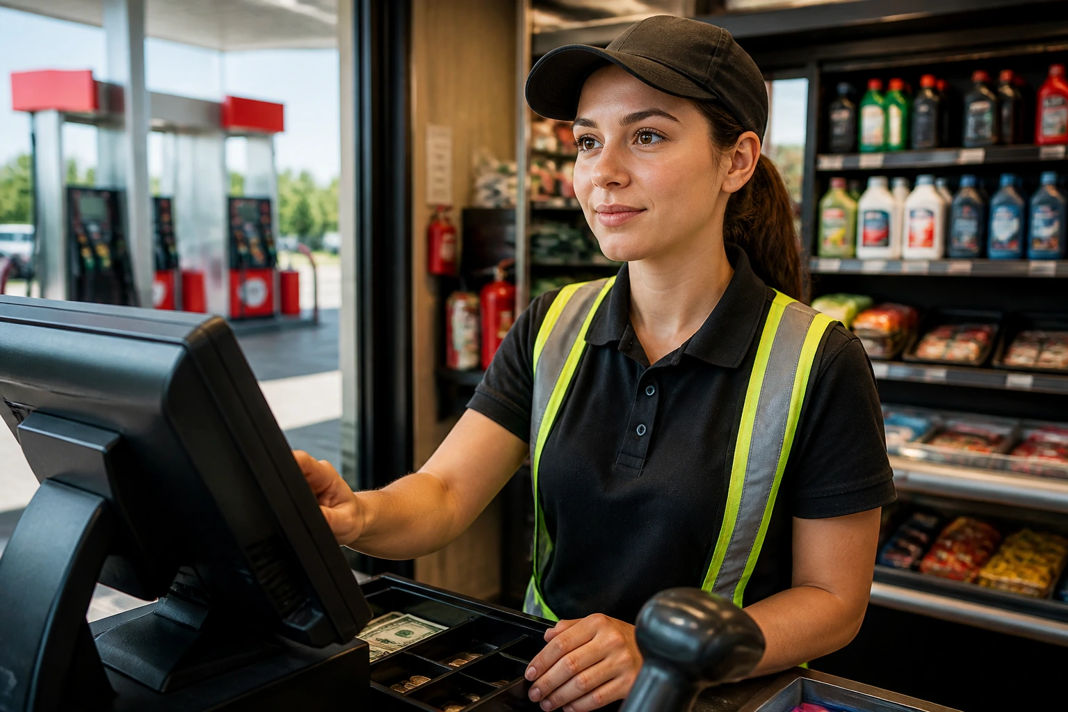 Gas station attendant focusing on cash handling and store duties
