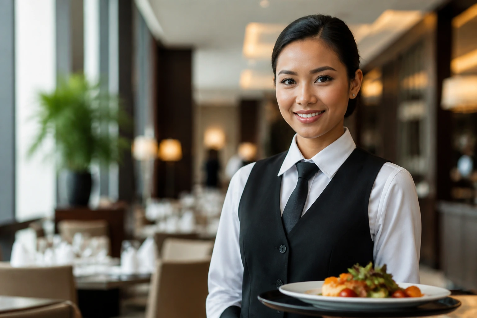 Hotel dining staff member in a uniform in a dining area