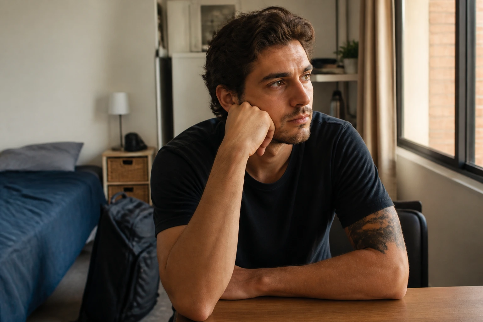 Overseas bartender in modest apartment illustrating housing realities