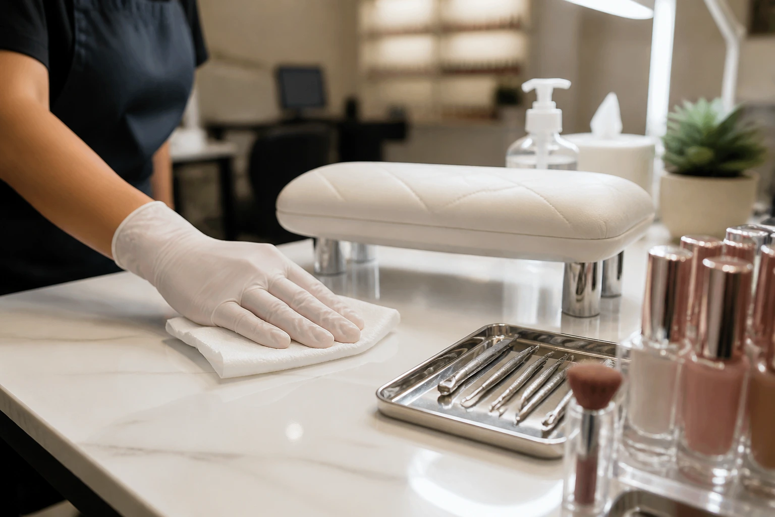 Pristine nail station with cleaned tools and gloved hand wiping surface