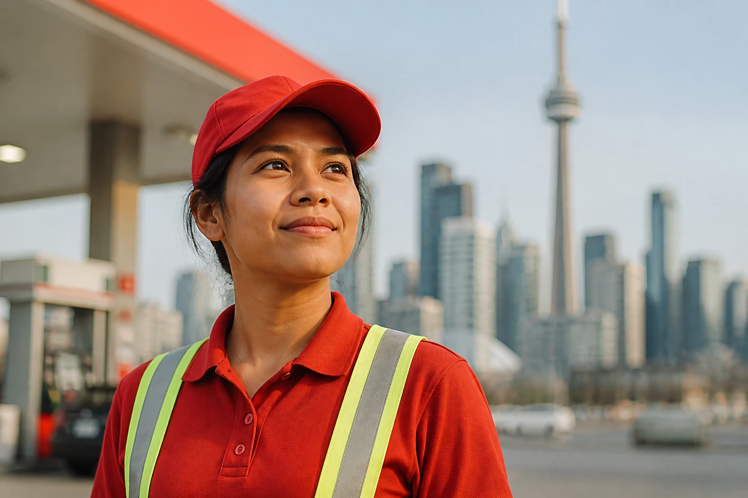 Medium close-up portrait of a hopeful immigrant against an urban skyline