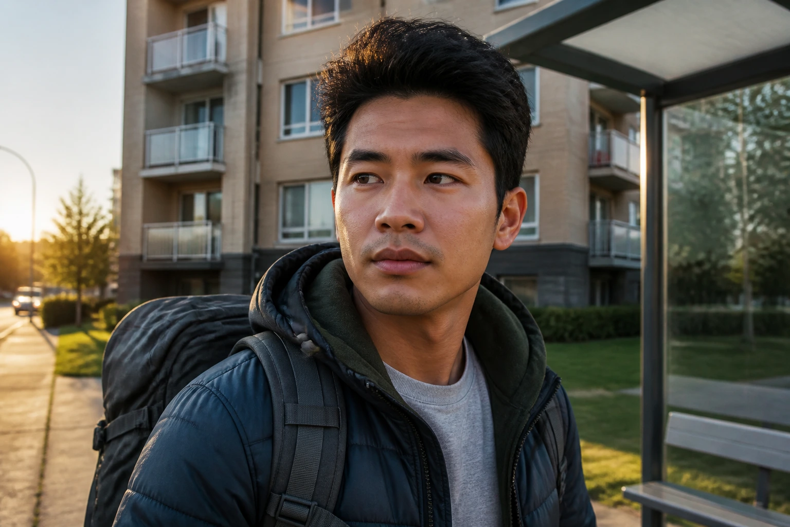Close-up portrait of a newcomer with backpack at a bus stop near an apartment building
