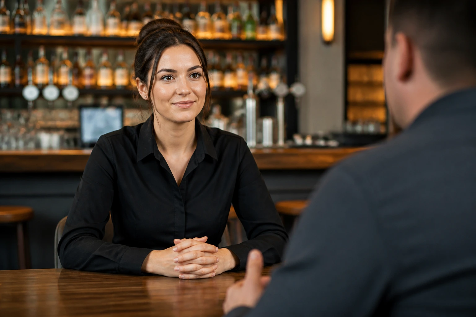 Close-up portrait of a bartender candidate during an interview in a softly lit setting
