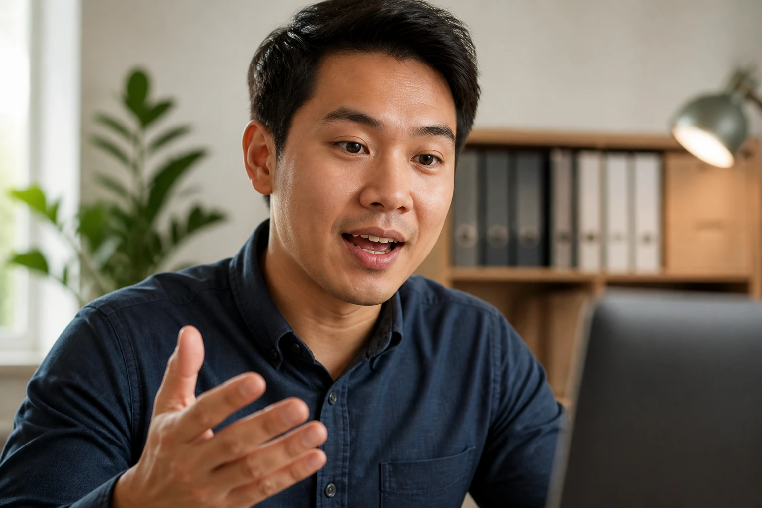 Real person practicing interview questions at home