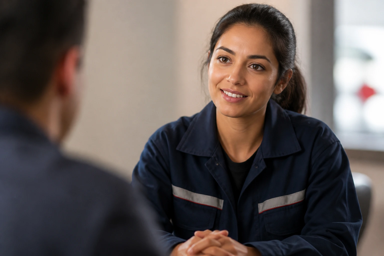 Portrait of a real person during a gas station interview