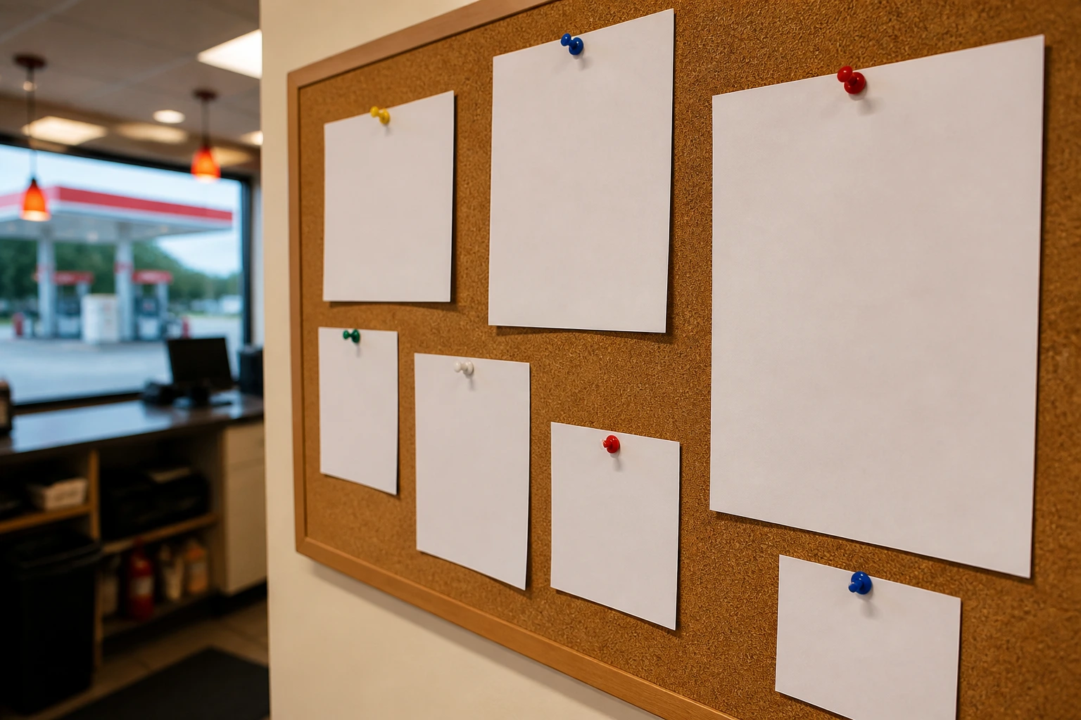 Blank papers pinned on corkboard in staff area suggesting legitimate job postings
