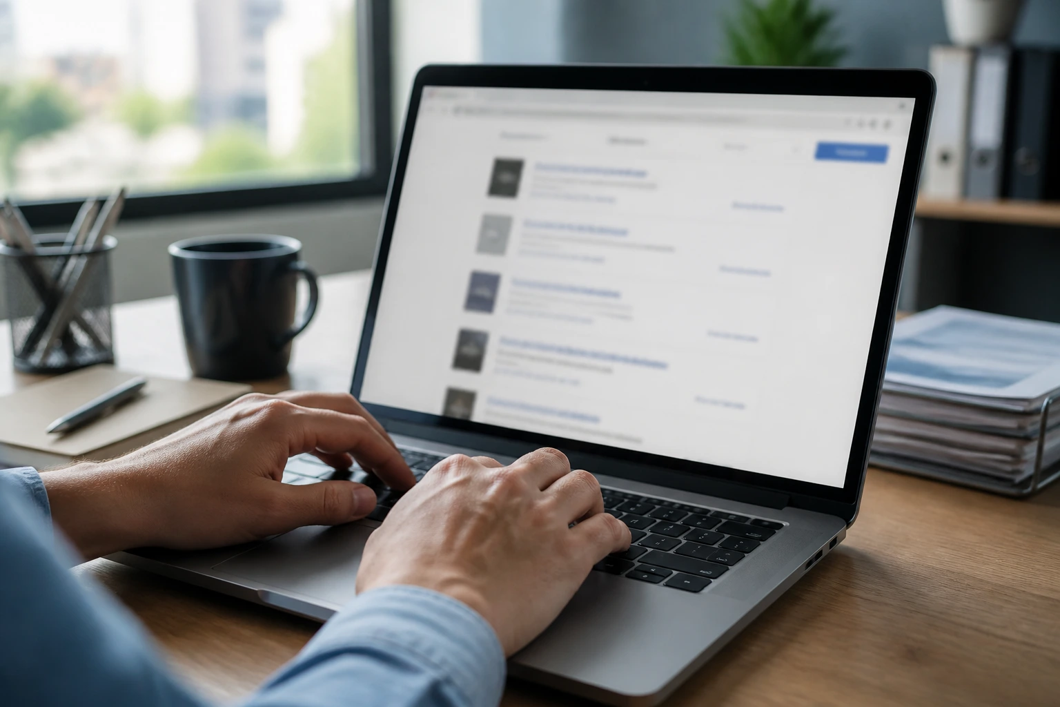 Hands typing on laptop with blurred job search results in an office