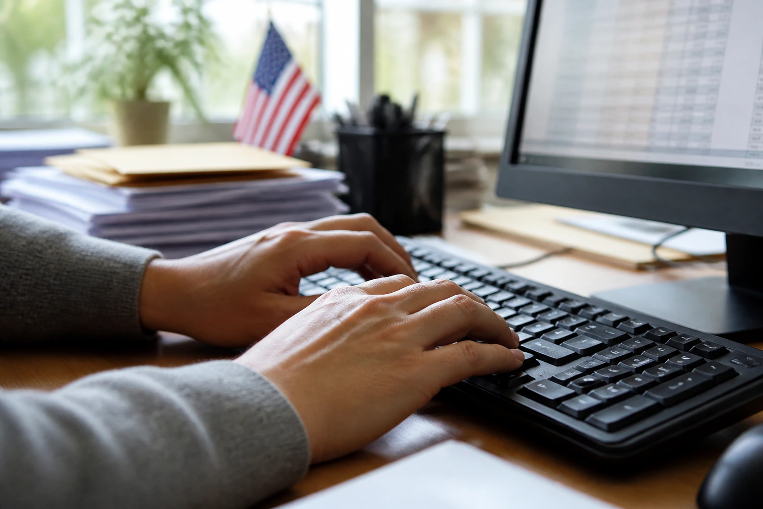 Close-up of hands typing at a data entry desk in an office