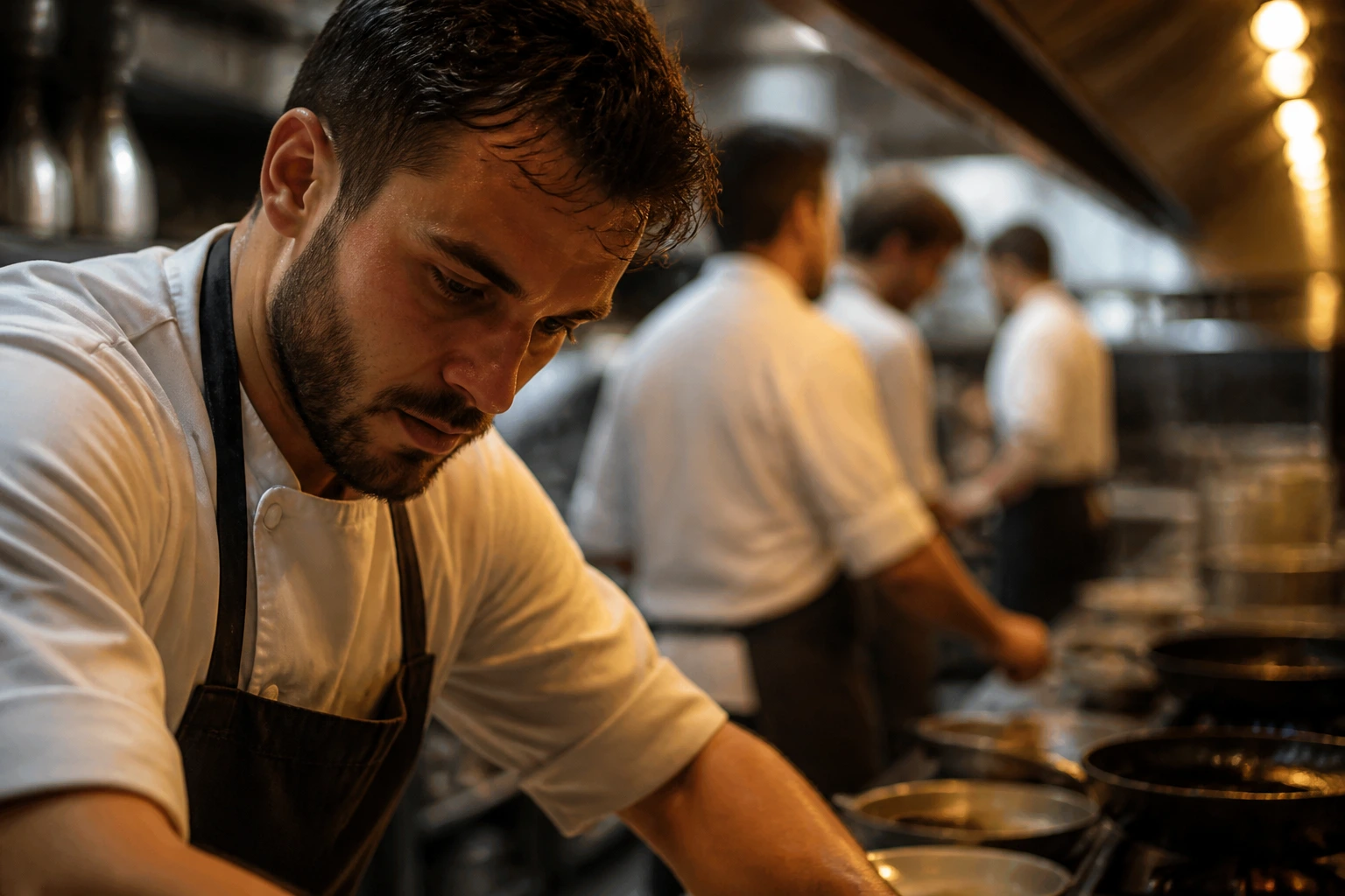 Intense close-up of a chef during service, conveying demanding hours and workload