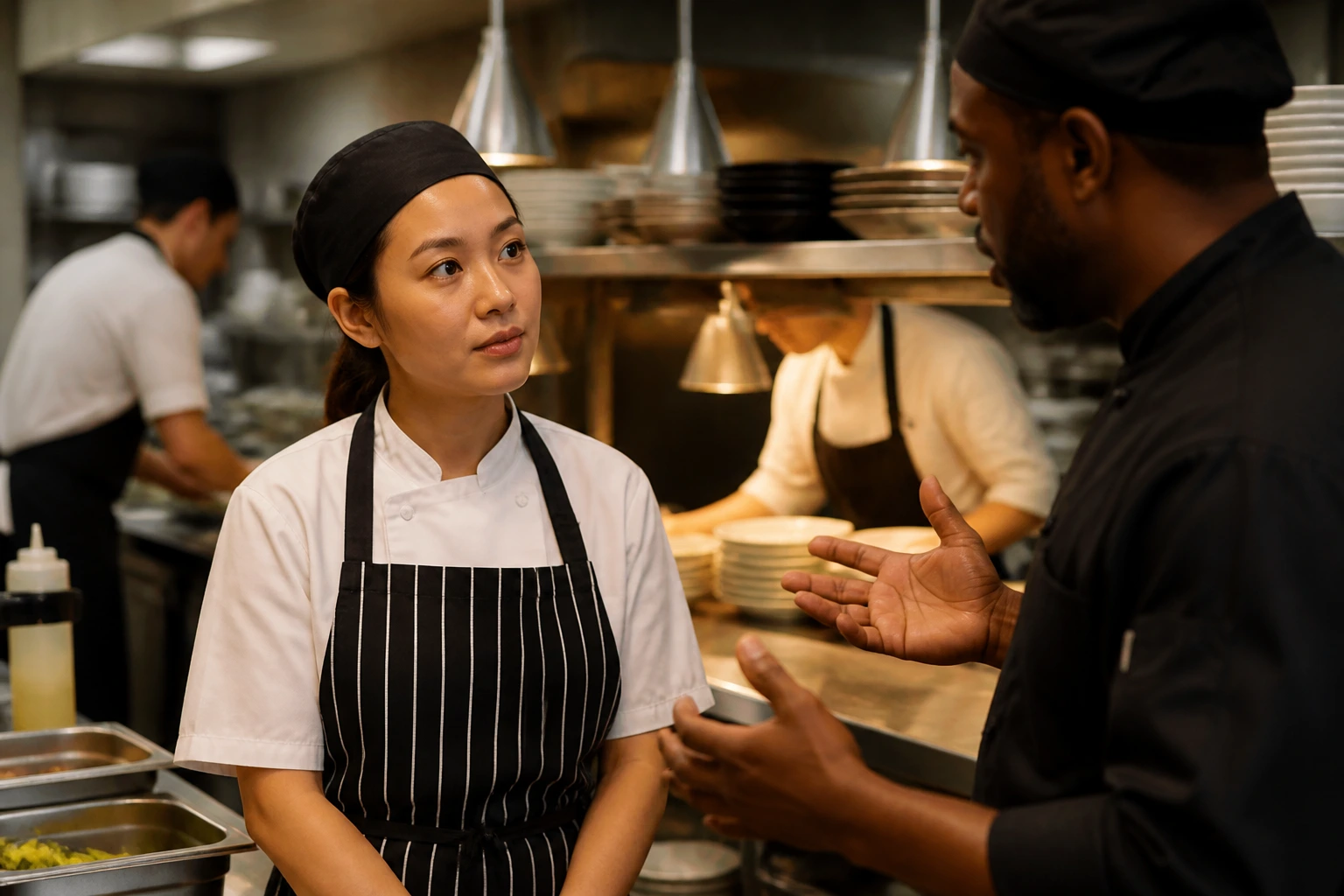 New food service worker in kitchen during onboarding