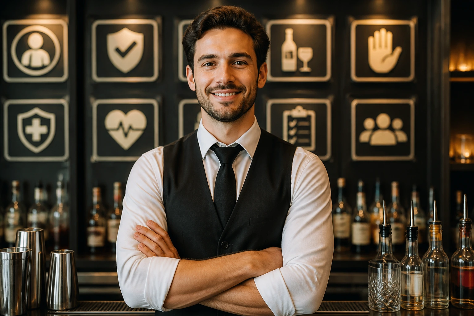 Bartender in uniform with compliance symbols on the wall behind, illustrating licensing importance