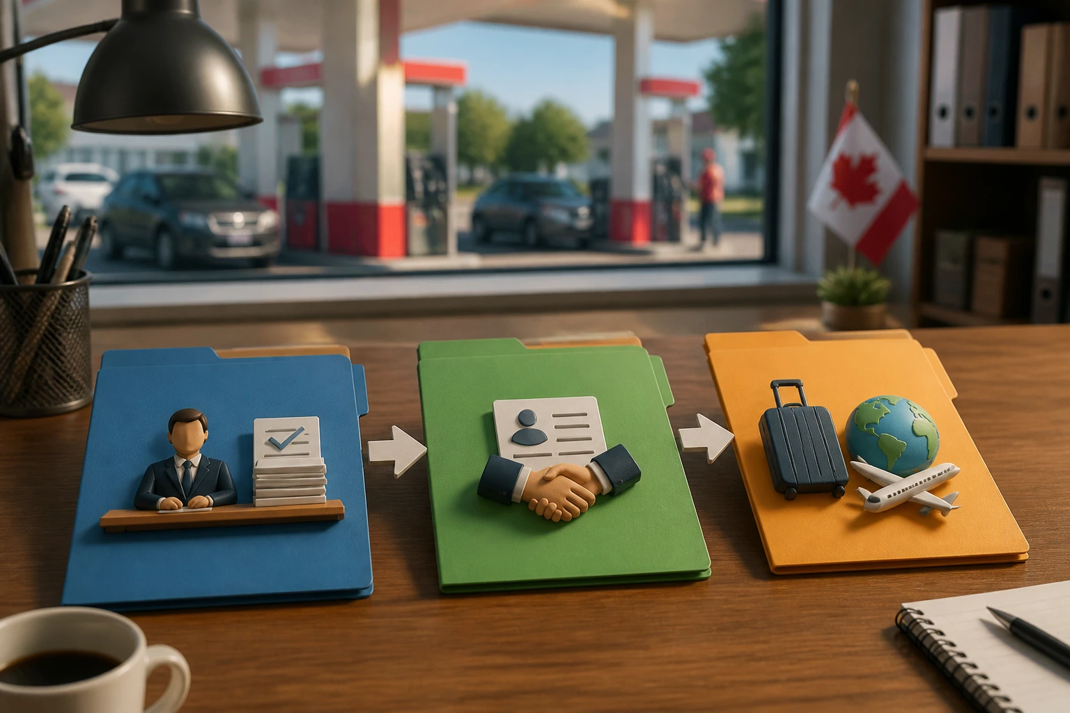Folders arranged as a simple LMIA timeline on desk