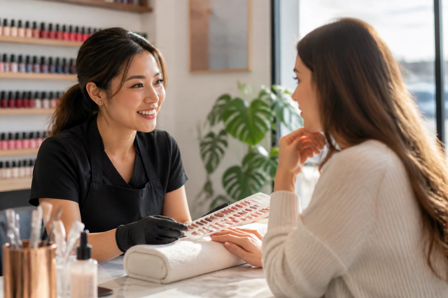 Close-up of nail technician and client in a salon consultation emphasizing clear communication.