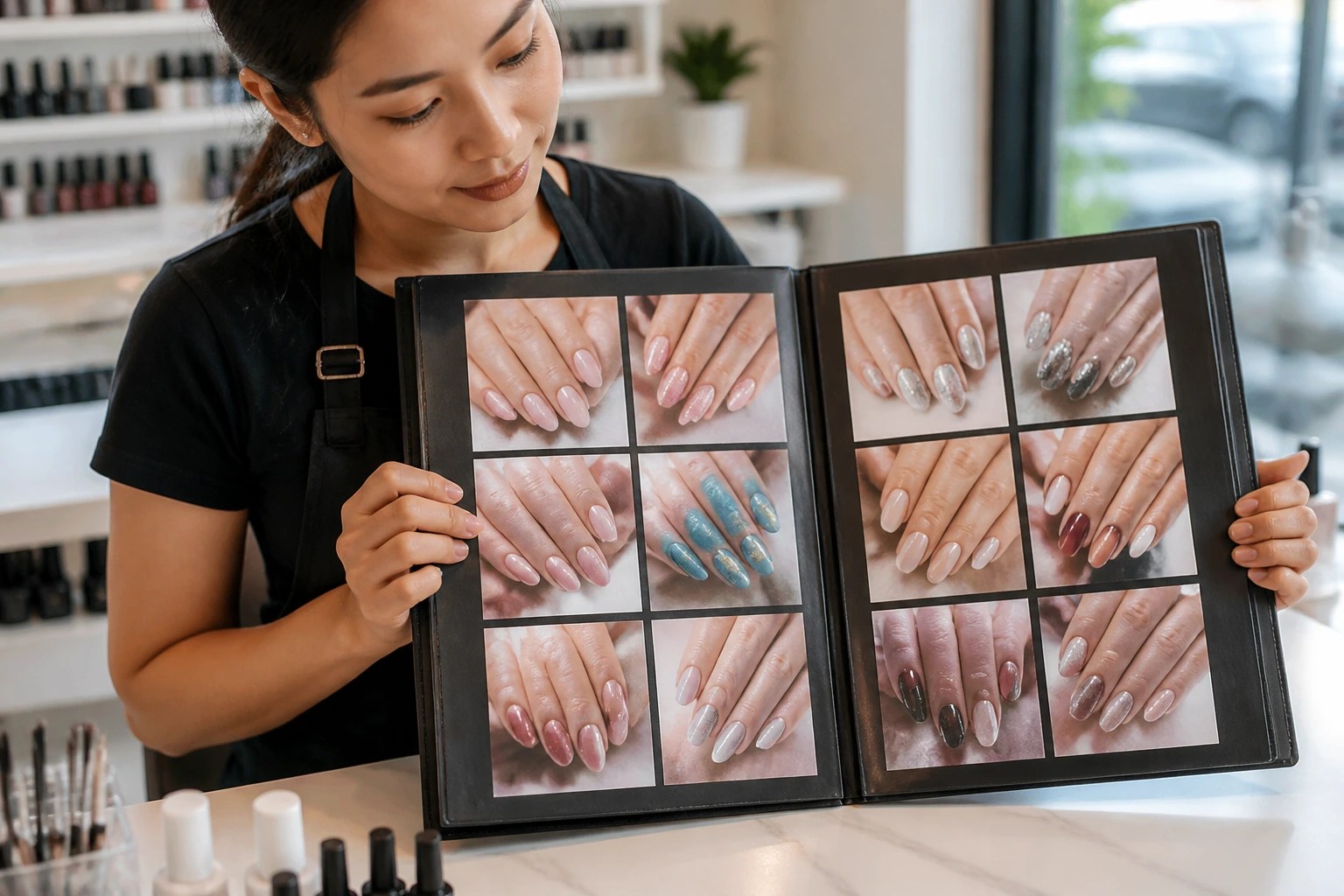 Nail artist presenting open portfolio of nail work