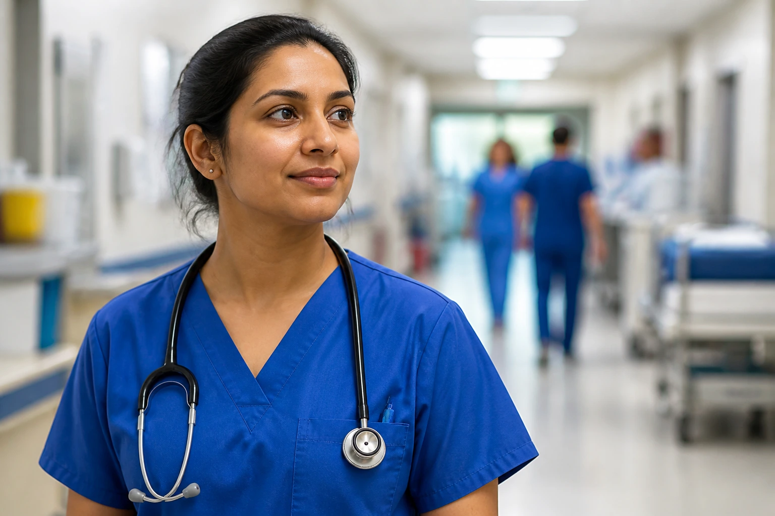 Nurse in scrubs in a hospital corridor representing NHS Trusts