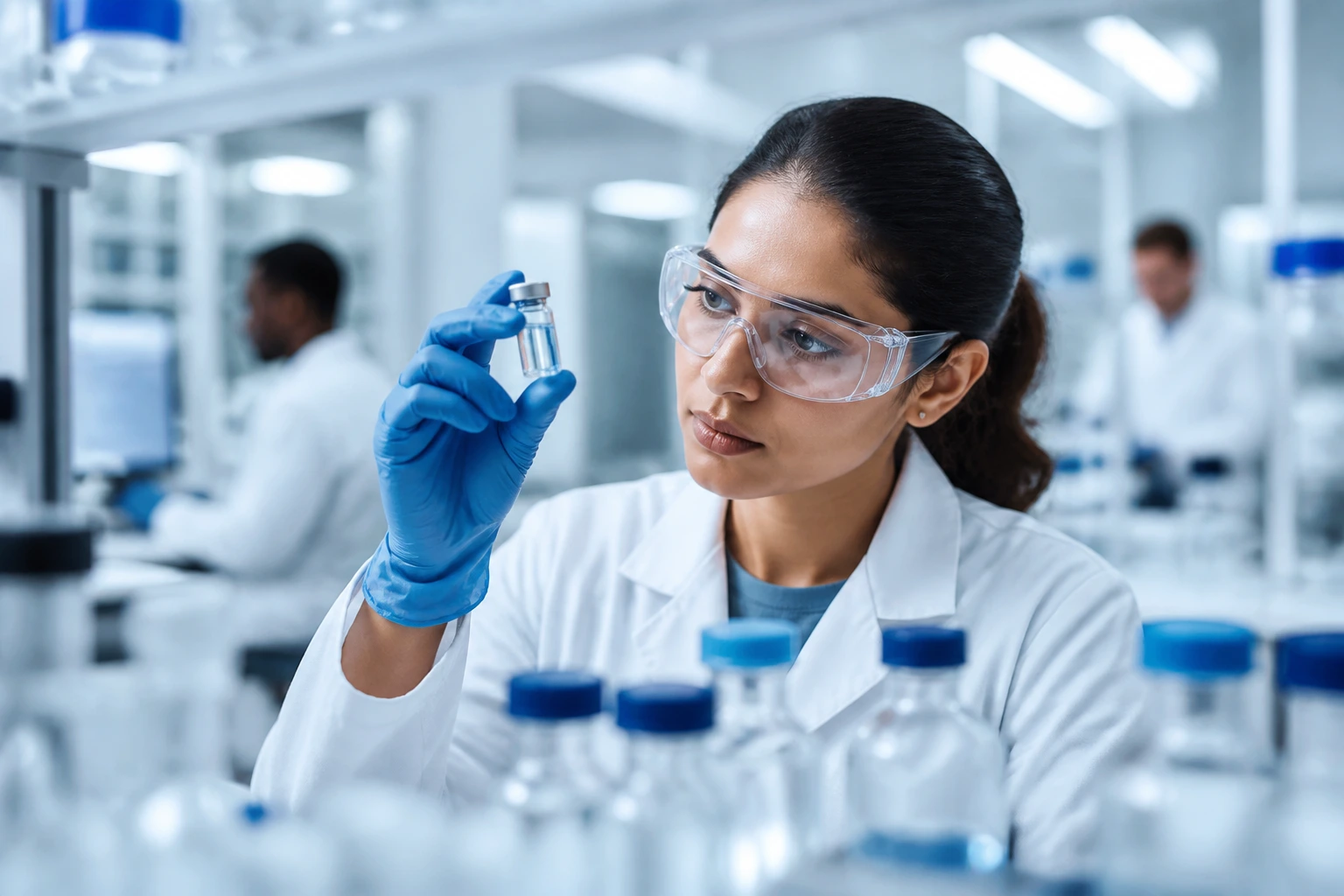 Close-up of scientist examining vial in pharmaceutical lab