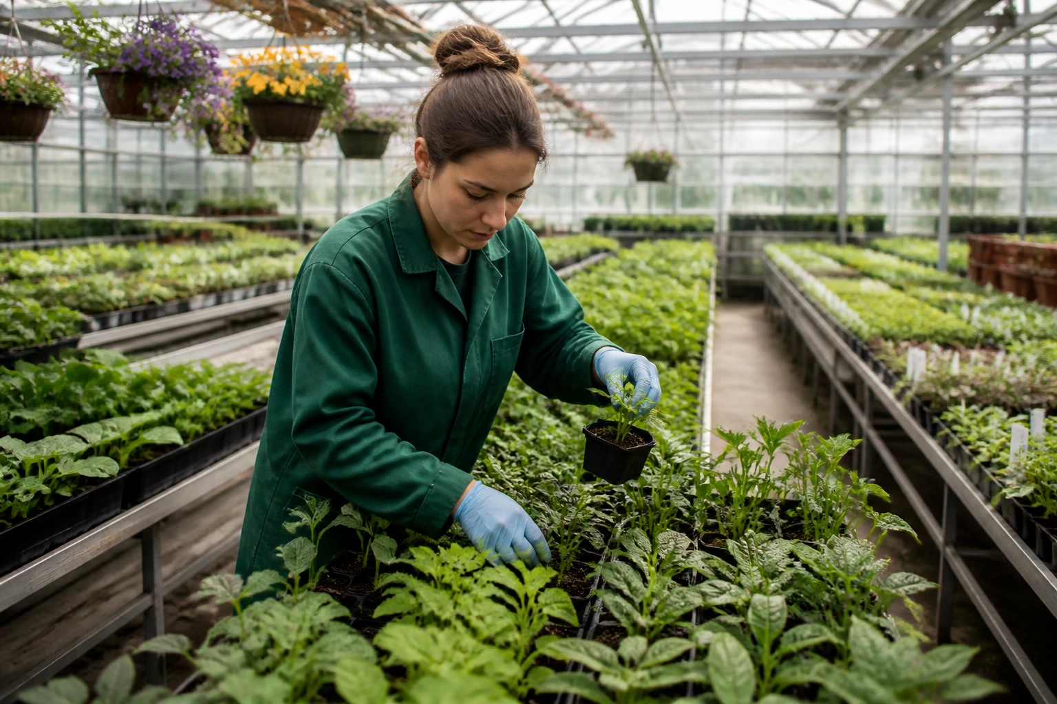 Nursery worker among glasshouses with young plants
