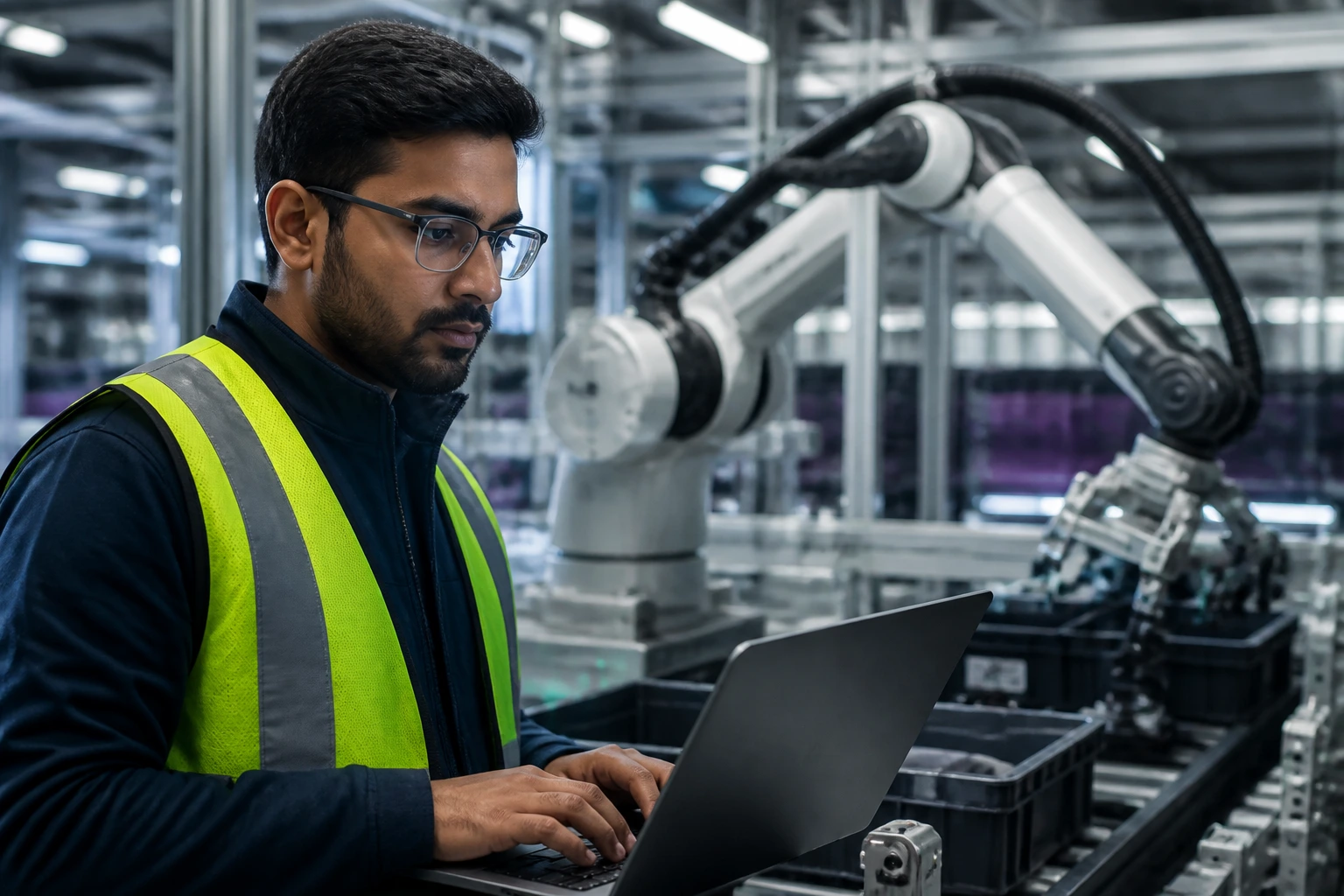 Close-up robotics engineer at a high-tech fulfillment center with robotic arm