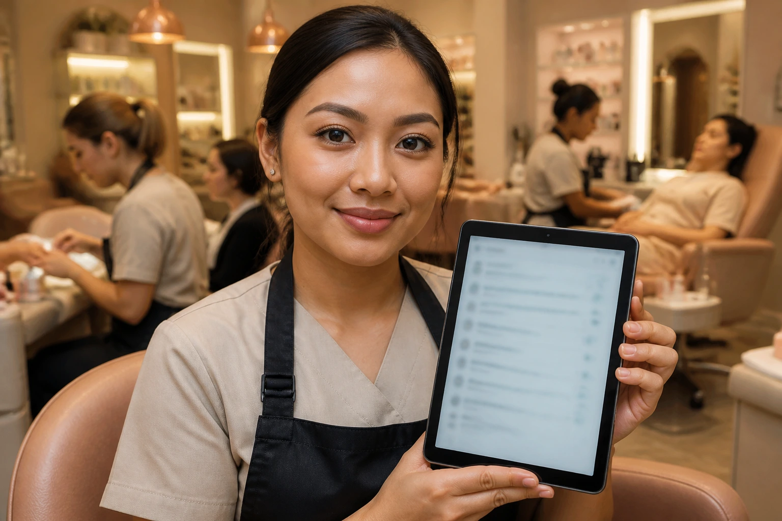 Portrait of beauty therapist holding tablet with blurred screen in a salon