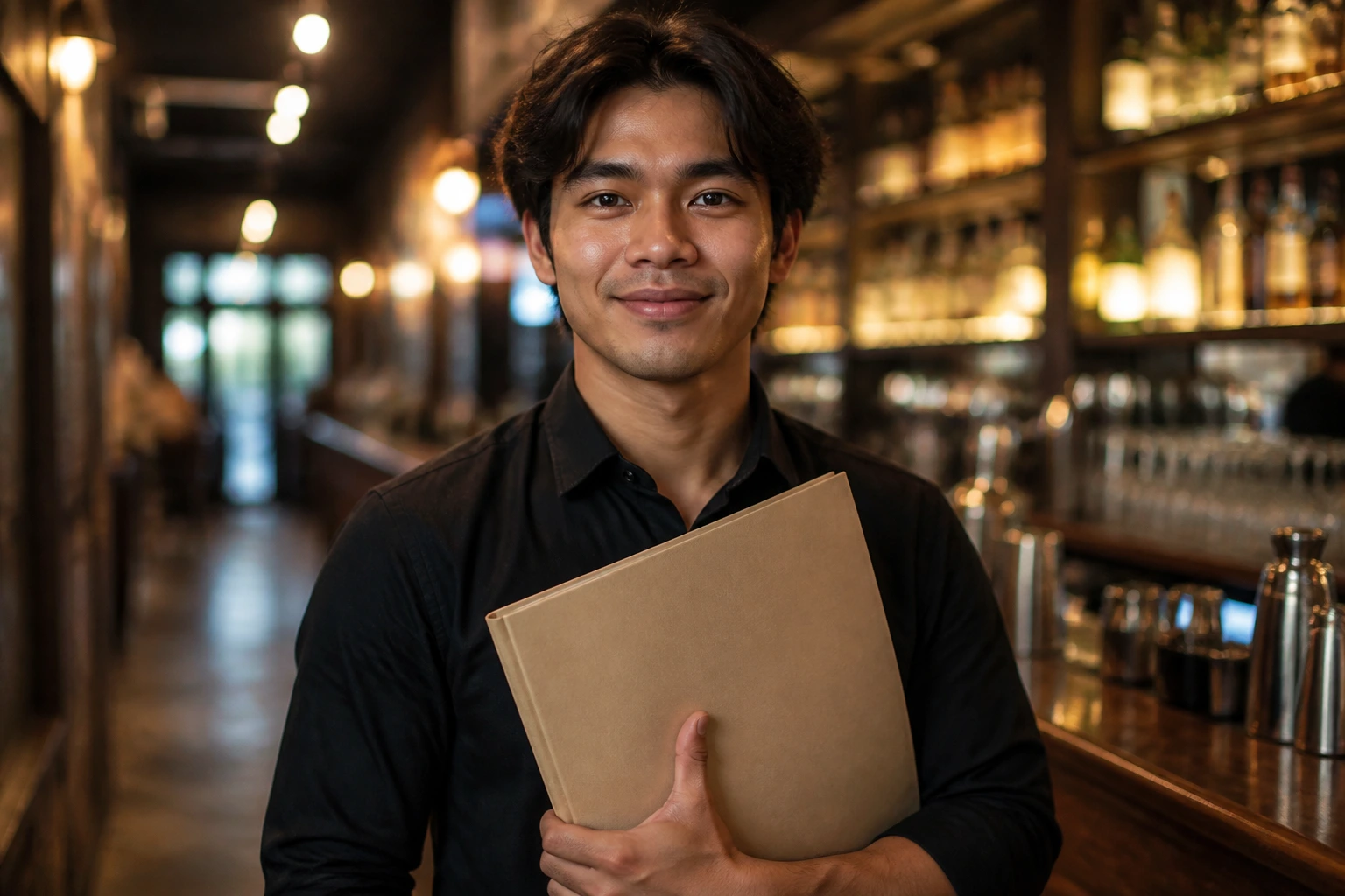 Close-up of an overseas applicant with a plain folder in a bar setting
