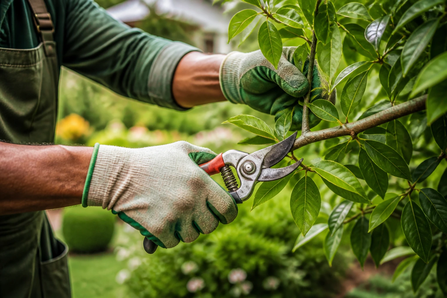Close-up of gloved hands pruning a branch in a garden, showcasing essential gardening skills