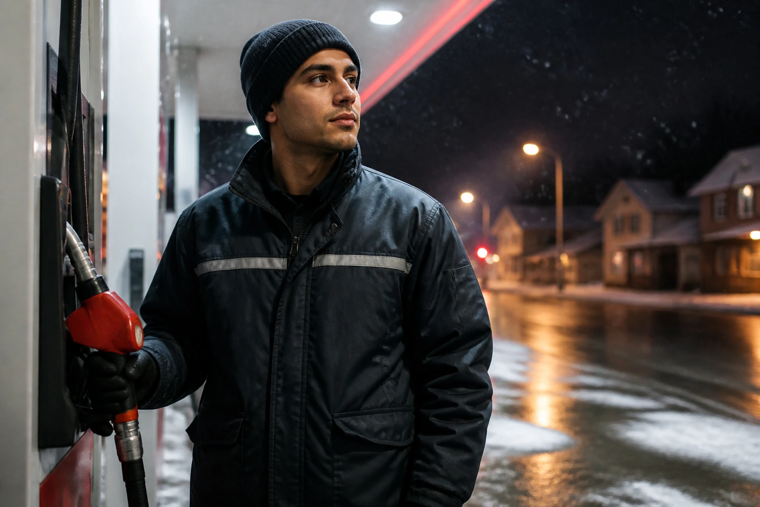 Night-shift gas station attendant under dim forecourt lighting