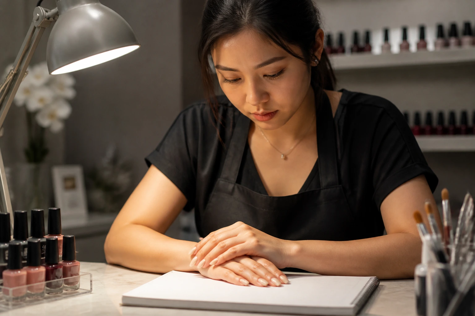 Nail technician at a desk with a blank notebook, symbolizing wage and benefits review.