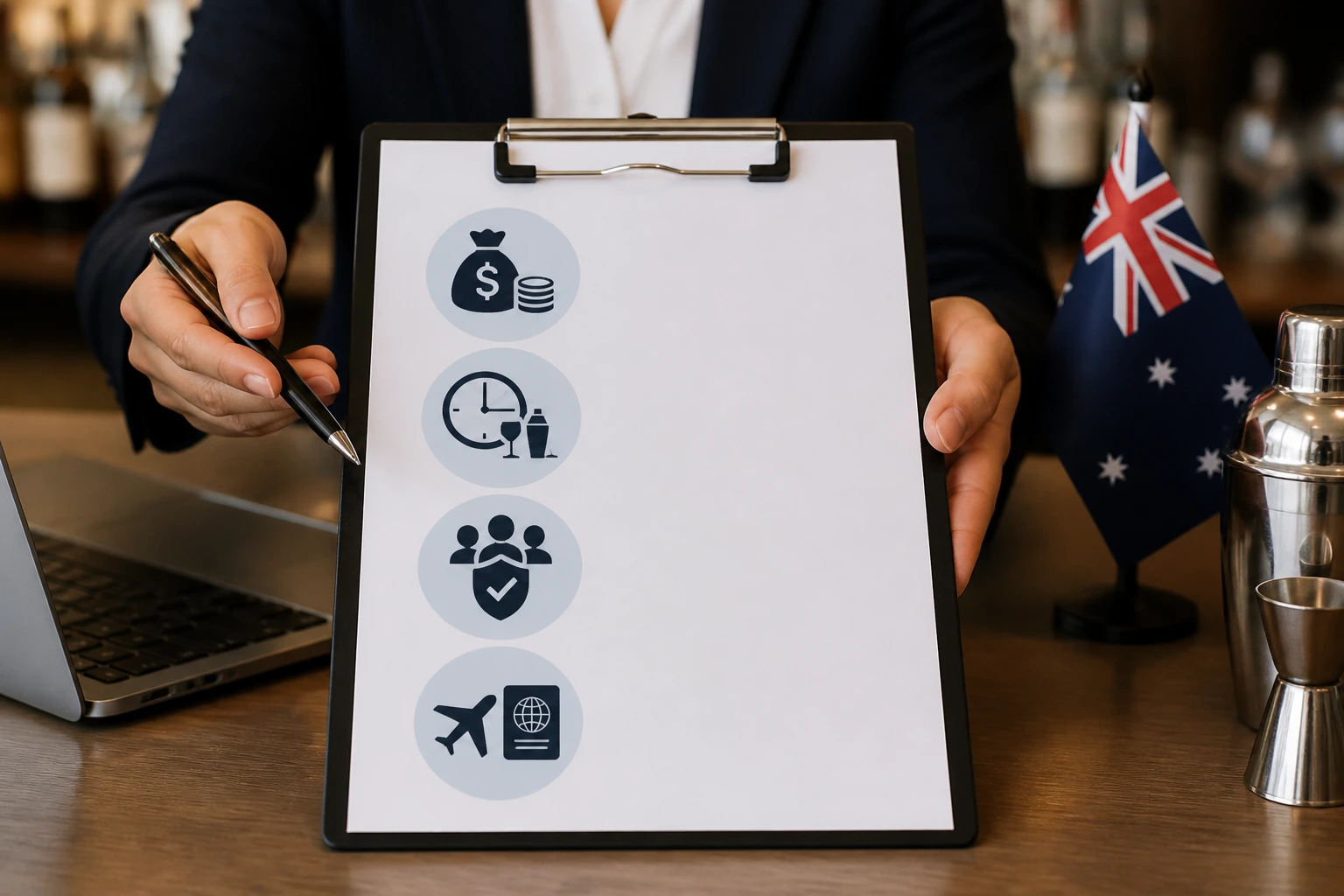 Hands presenting a blank contract with abstract icons representing pay and work terms