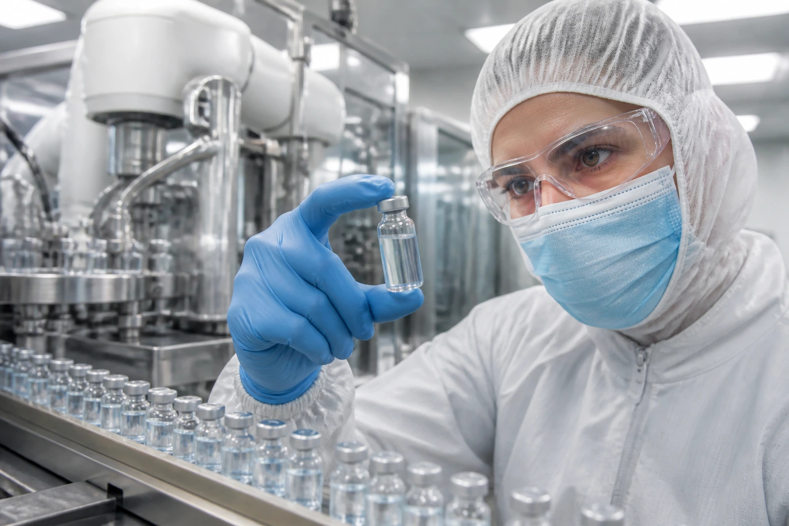 Close-up of cleanroom operator inspecting vial on GMP line