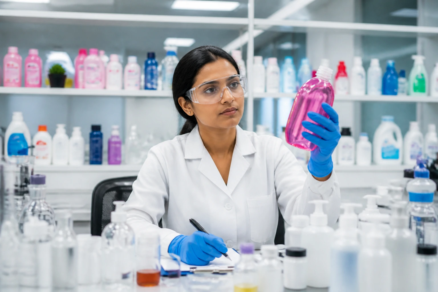 Mid-shot product development scientist in an FMCG lab with blurred product prototypes