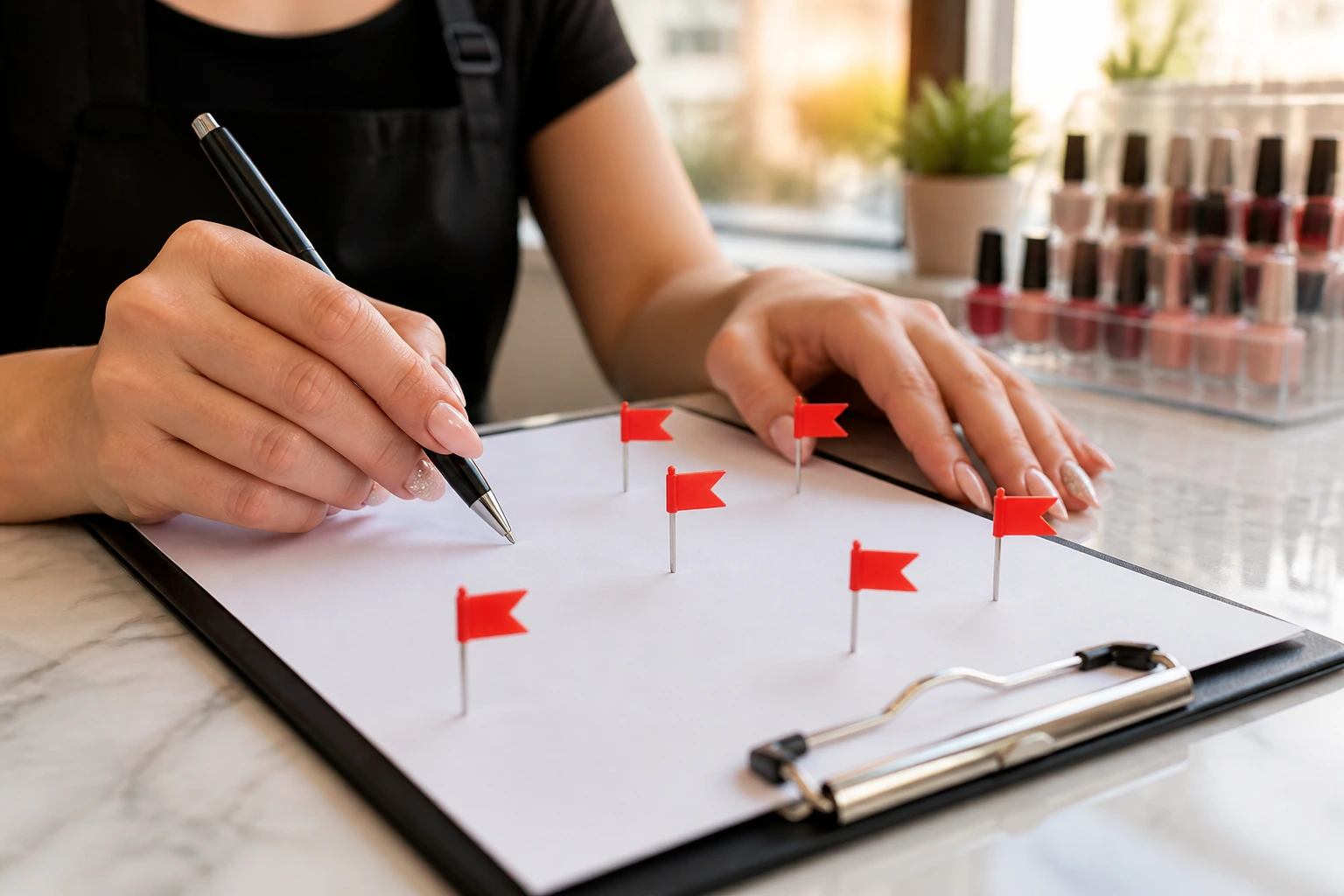 Close-up of hands over a blank contract with red flag pins, symbolizing red flags in salon offers