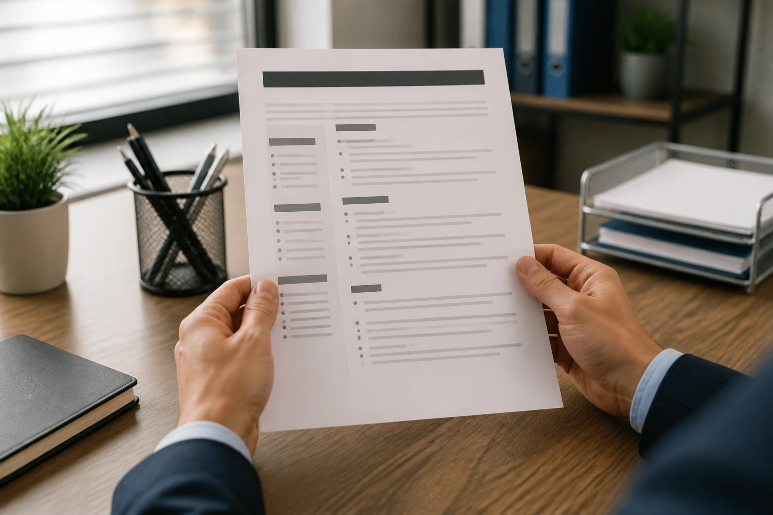 Close-up of a blank resume document held by hands in a modern office