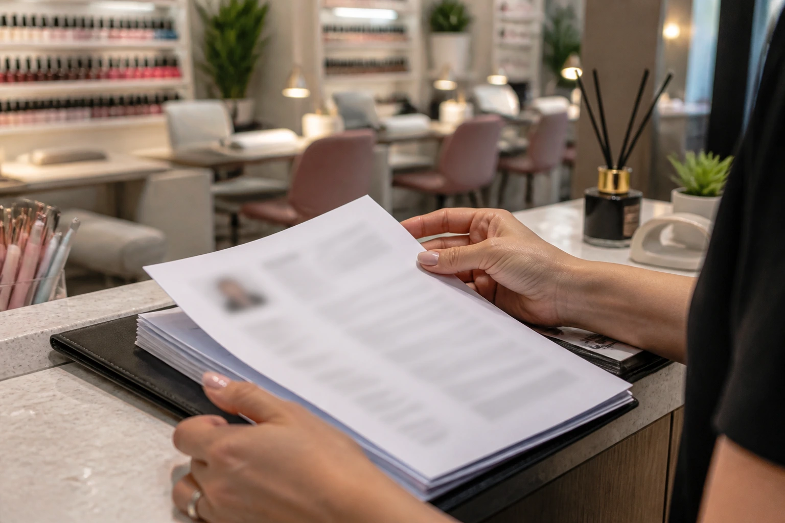 Salon manager reviewing a resume on a desk