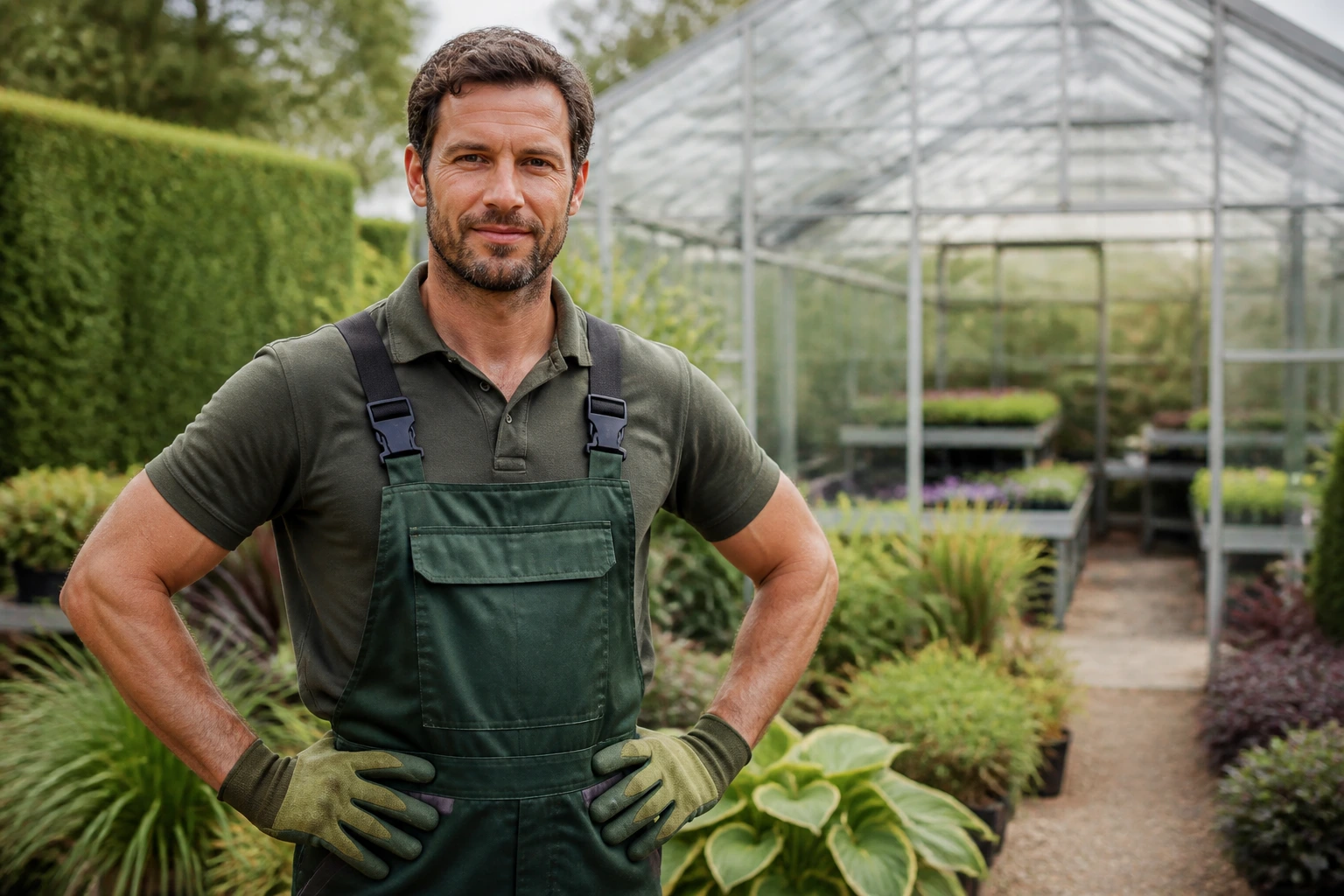 Portrait of a gardener in front of a greenhouse, symbolizing recognized UK horticulture qualifications