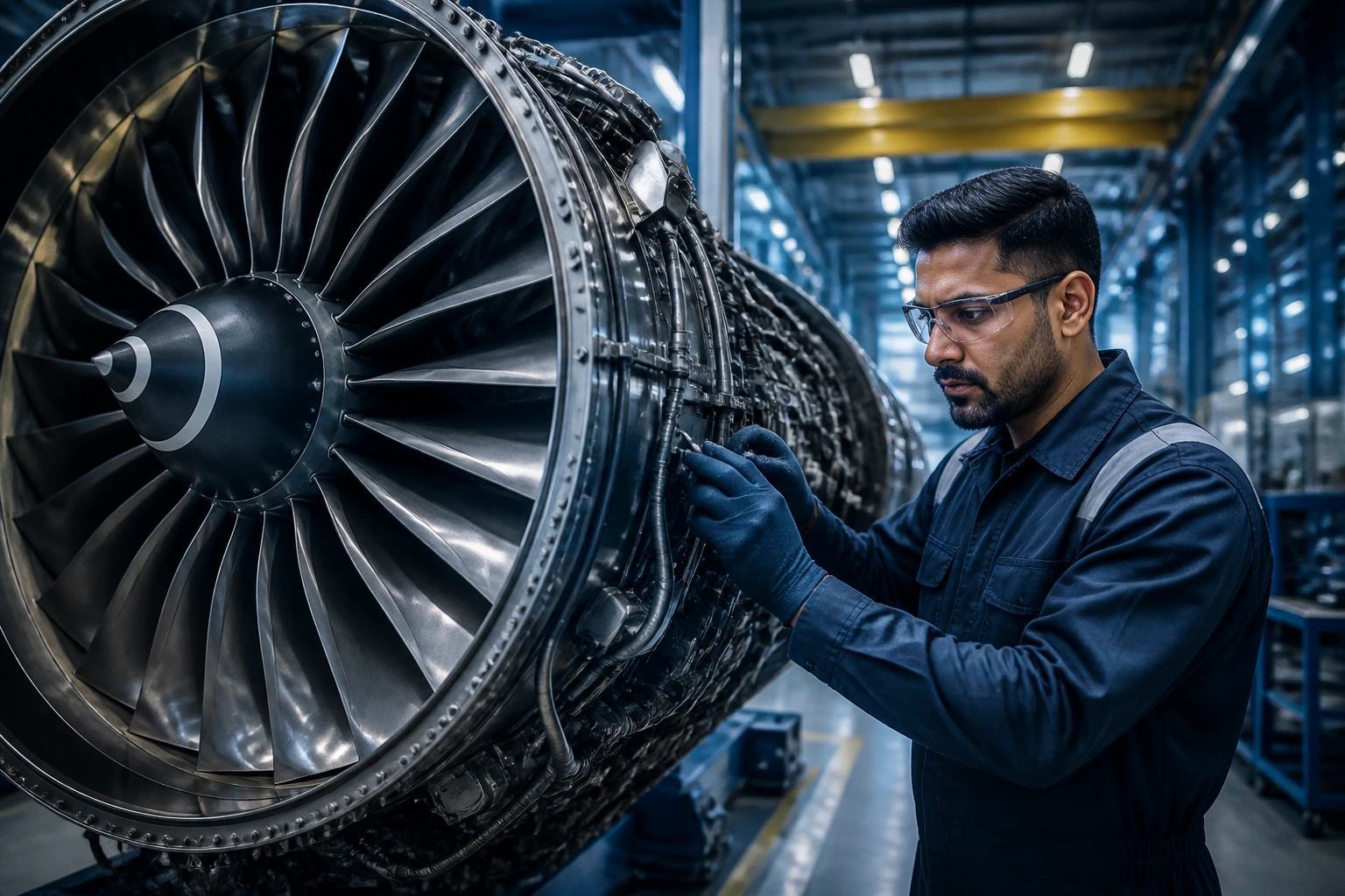 Medium close-up of a mechanical engineer beside a jet engine in a factory