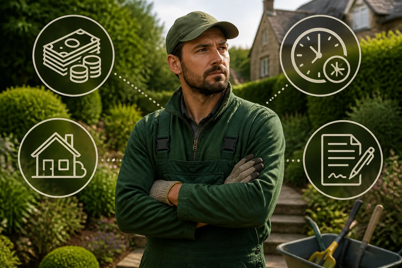 Gardener in workwear with symbolic icons representing contract terms and housing behind
