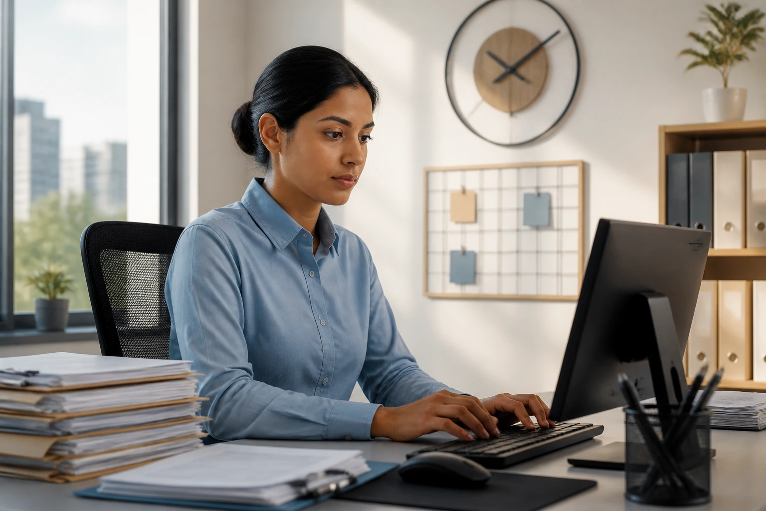 Office worker at desk with calm, realistic background