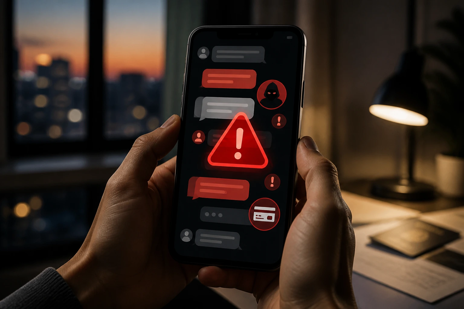 Smartphone close-up showing abstract chat bubbles and warning icons signaling job scams targeting foreign seekers