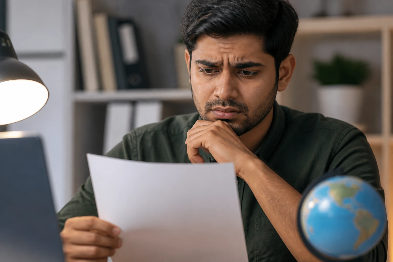 Wary immigrant portrait illustrating awareness of scam patterns in overseas job offers