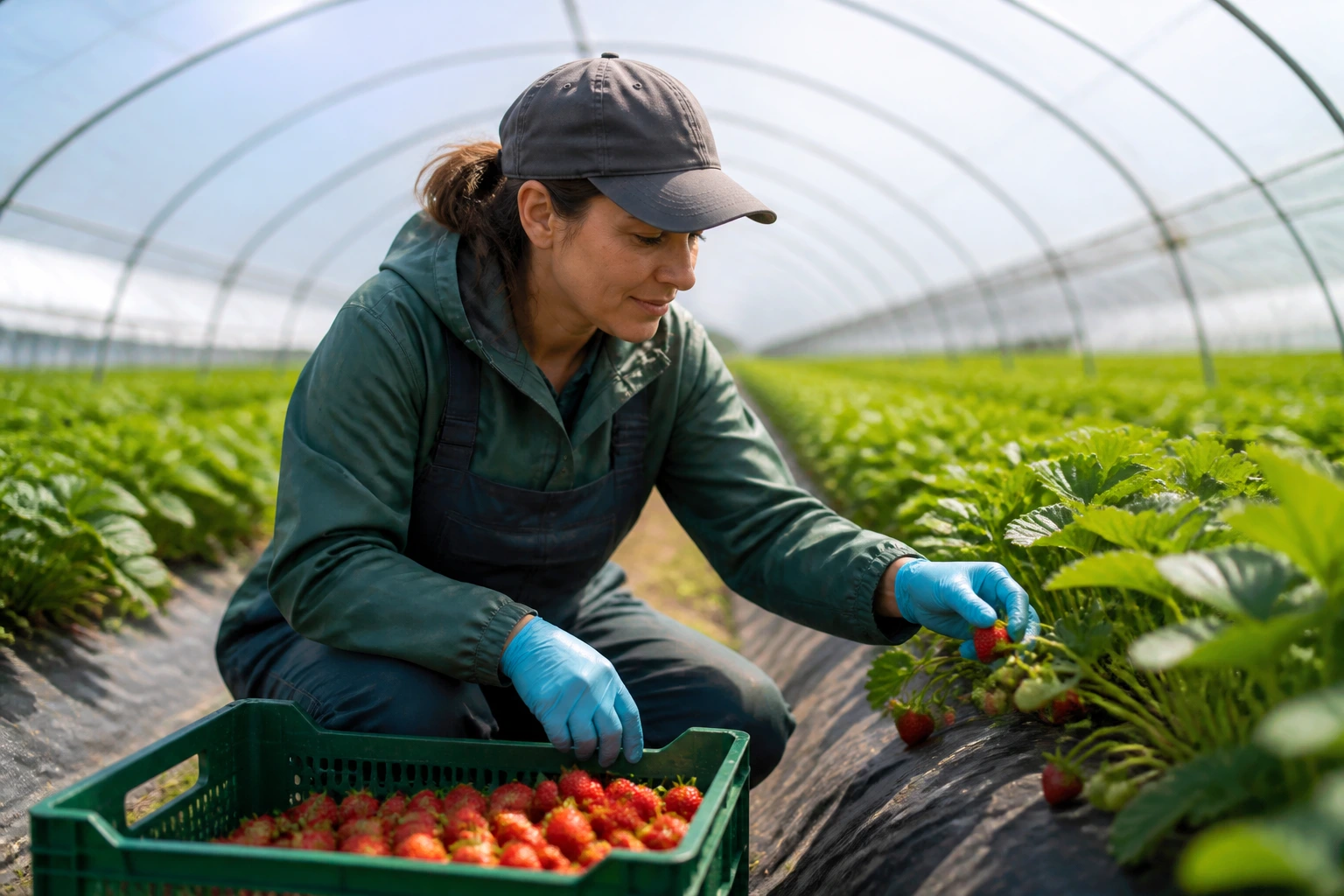 Seasonal horticulture worker picking crops in a greenhouse