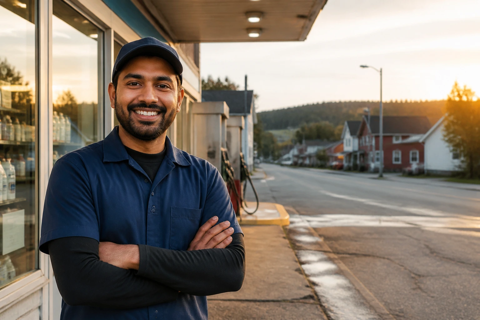 Gas station attendant in a small-town setting with a quiet street behind