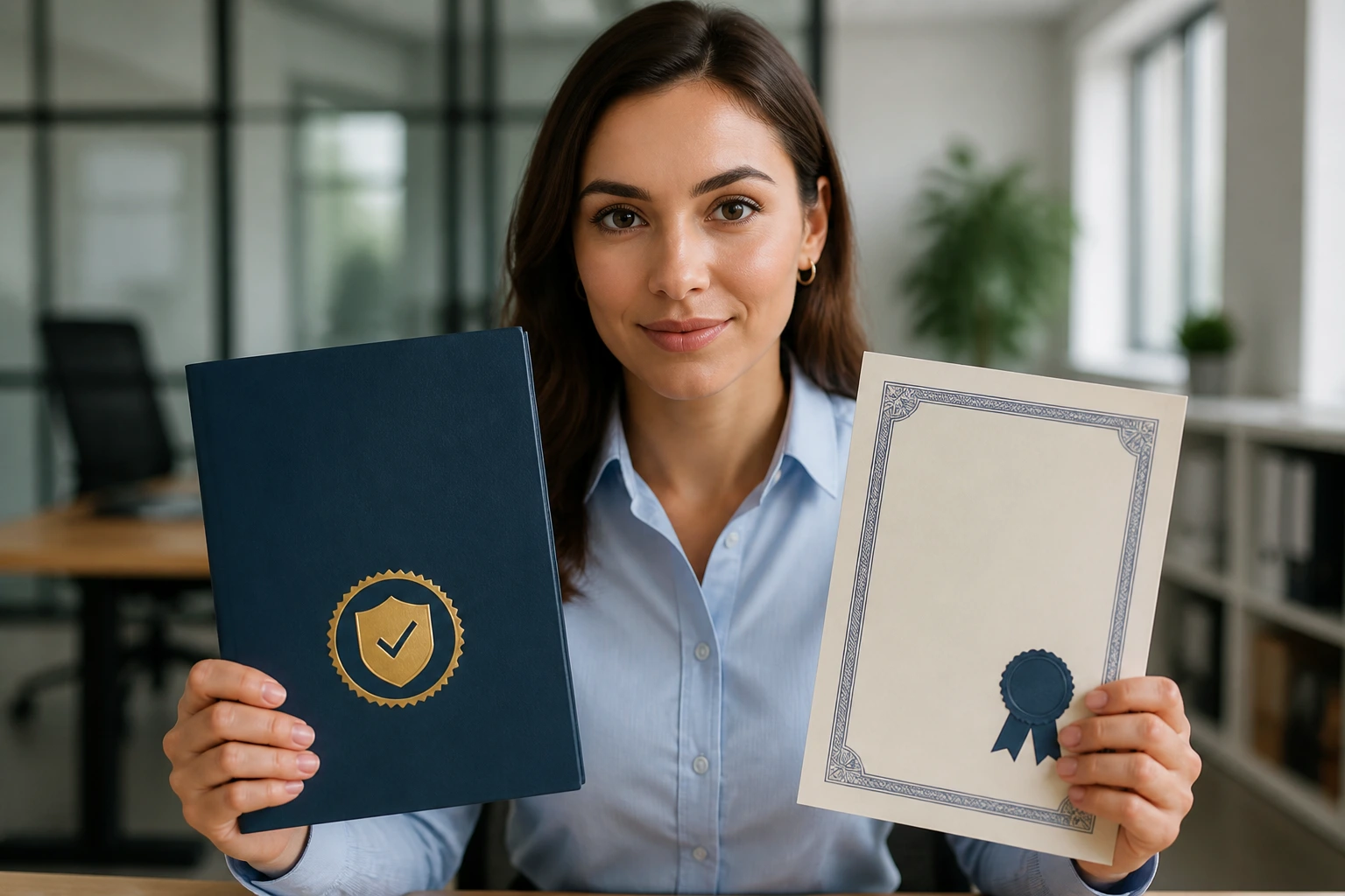 HR compliance professional at a desk in an office setting