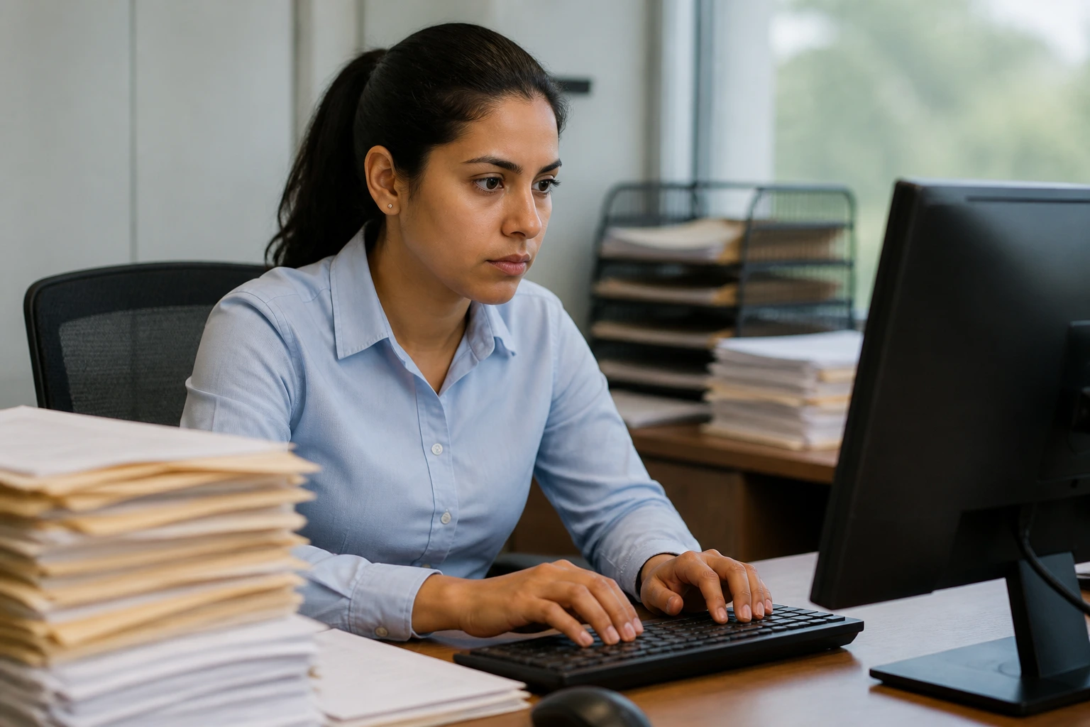 Data entry professional at desk discussing sponsorship constraints in an office